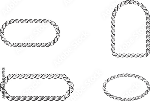 Set of Braided Rope frames Borders of different geometric shapes. round, oval and square, hexagonal. Editable rope frame border isolated on white background.