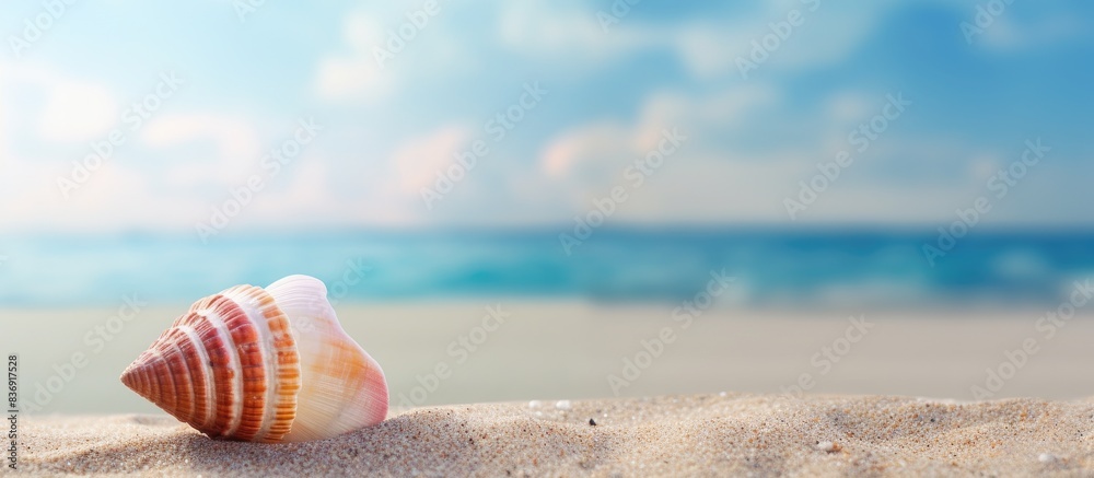 Beach landscape featuring a shell on the sand, perfect for background use in photography with copy space image. Beach landscape featuring a shell on the sand, perfect for background use in photography with copy space image.
