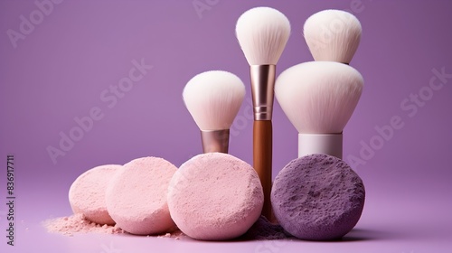 Minimalist Makeup Products and Sponges on Purple Backdrop photo