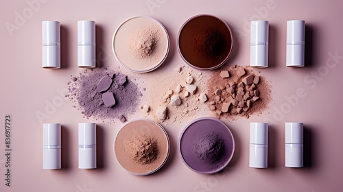 Minimalist Makeup Products and Sponges on Purple Background photo