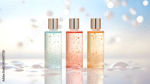 Minimalist Beauty Serum Bottles on Light Blue Background with Bubbles photo