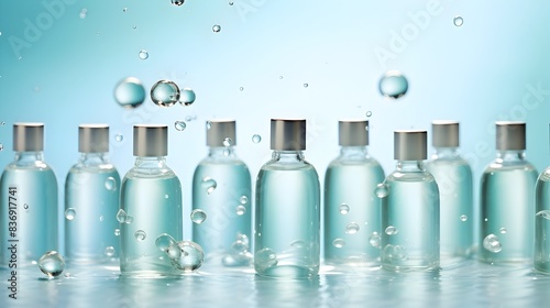 Minimalist Still Life of Beauty Serum Bottles on Light Blue Background photo
