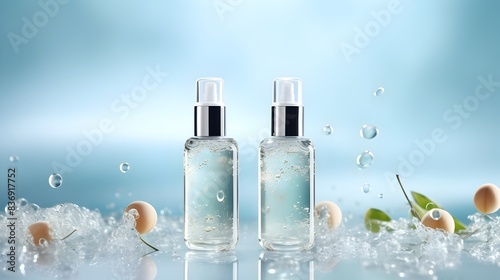 Minimalist Still Life of Beauty Serum Bottles on Light Blue Background with Bubbles photo