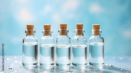 Minimalist Beauty Serum Bottles on Light Blue Background with Bubbles photo