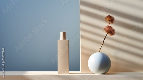 Minimalist Beauty Product on Light Blue Podium photo