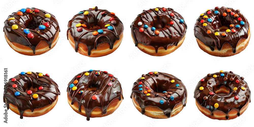 Fototapeta premium Set of Donut With Chocolate Glaze And Candy Toppings isolated on transparent png background collection set . Generative ai