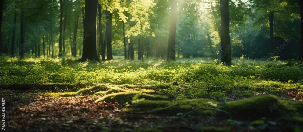 Obraz premium Sunlight illuminates leaves in the forest, creating a picturesque natural setting with a copy space image.