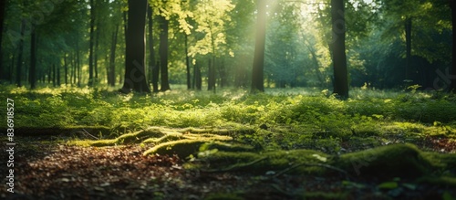Sunlight illuminates leaves in the forest  creating a picturesque natural setting with a copy space image.