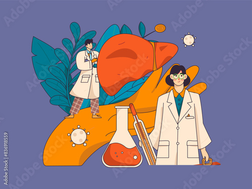 National Liver Protection Day Medical Characters Flat Vector Concept Operation Hand Drawn Illustration
