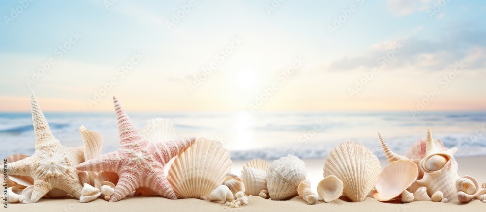 Home decoration mobile features sea shells with copy space image. Home decoration mobile features sea shells with copy space image.
