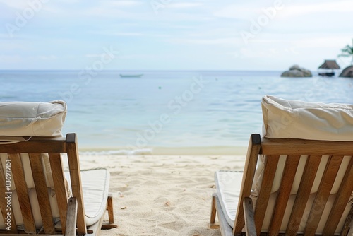 Lounge chairs arranged on a white sandy beach by the sea - comfort - summer - hospitality