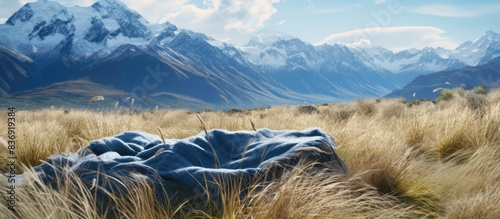 Grass blankets the terrain with a scenic backdrop of snowy mountains, creating a serene copy space image. photo