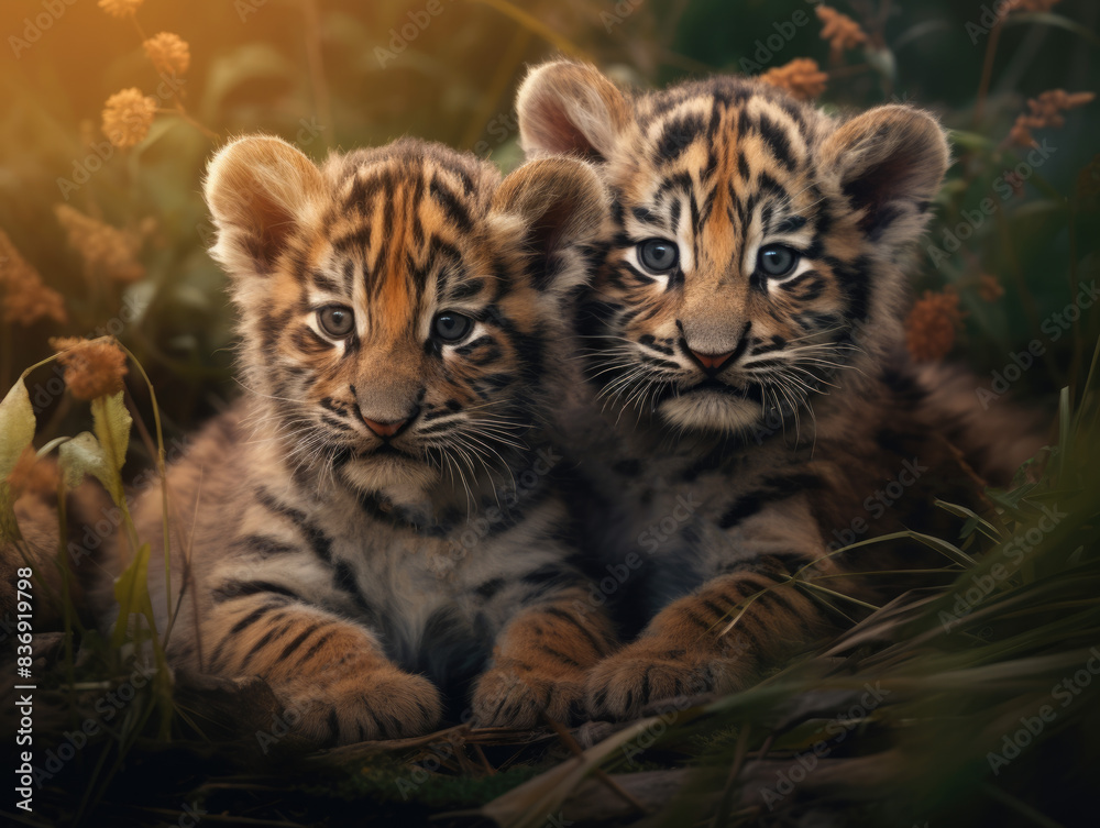 Fototapeta premium Two tiger cubs. Digital art.