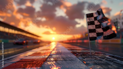 Black and white chequered flag on the background of racing track with cars, blurred race event in sunset light.