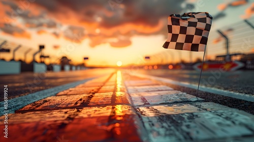 Black and white chequered flag on the background of racing track with cars, blurred race event in sunset light.