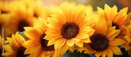 Close-up of vibrant yellow sunflowers with a sunflower background  perfect for a copy space image.