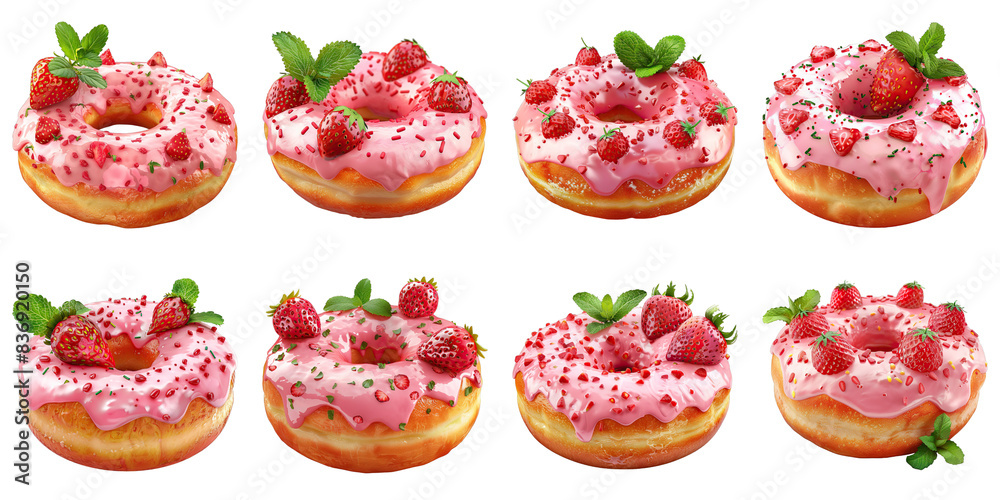 Set of Donut With Strawberry Glaze And Fresh Mint isolated on transparent png background collection set . Generative ai Set of Donut With Strawberry Glaze And Fresh Mint isolated on transparent png background collection set . Generative ai