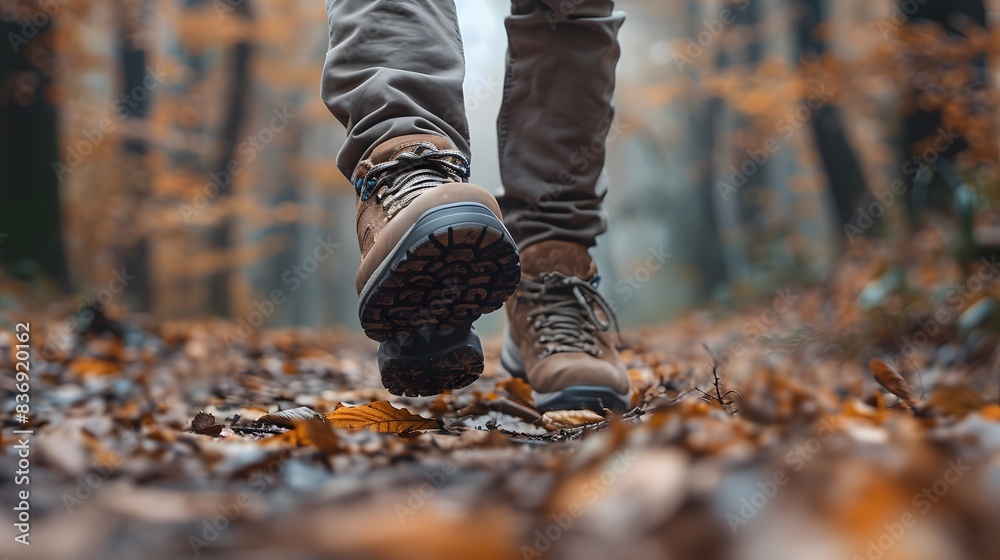 Close up of a man's feet in hiking shoes walking on a forest trail, copy space for text stock photo.