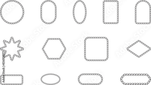 Set of Braided Rope frames Borders of different geometric shapes. round, oval and square, hexagonal. Editable rope frame border isolated on white background.