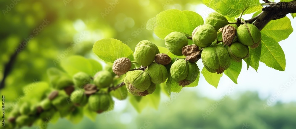 Green walnuts on tree branches with copy space image. Green walnuts on tree branches with copy space image.