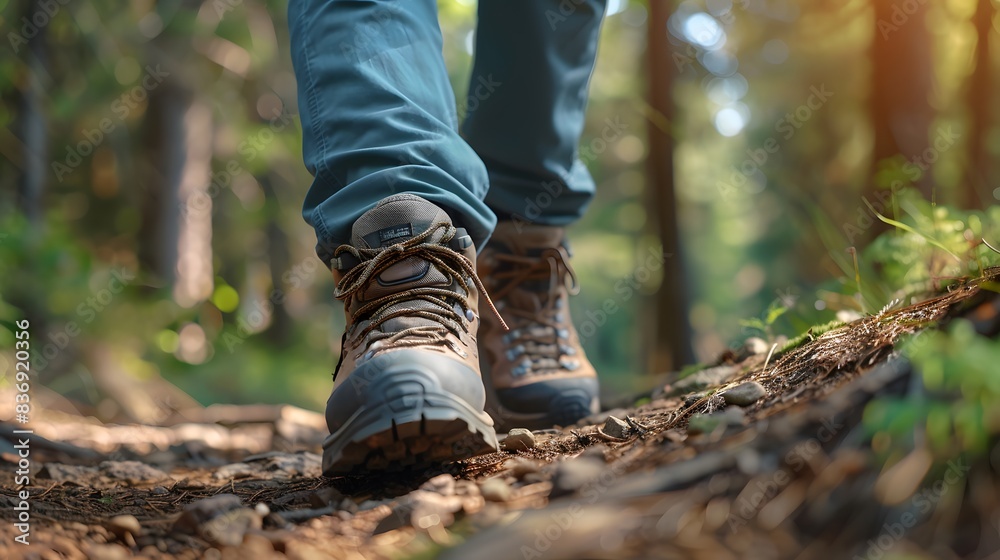 Close up of a man's feet in hiking shoes walking on a forest trail, copy space for text stock photo. Close up of a man's feet in hiking shoes walking on a forest trail, copy space for text stock photo.