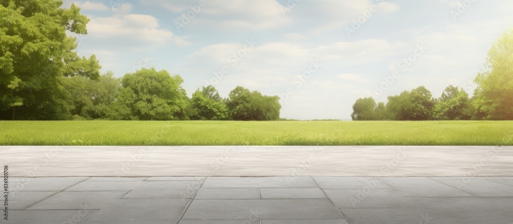 Background of a gray asphalt road with pavement alongside a lush green grass lawn, ideal for a copy space image. Background of a gray asphalt road with pavement alongside a lush green grass lawn, ideal for a copy space image.