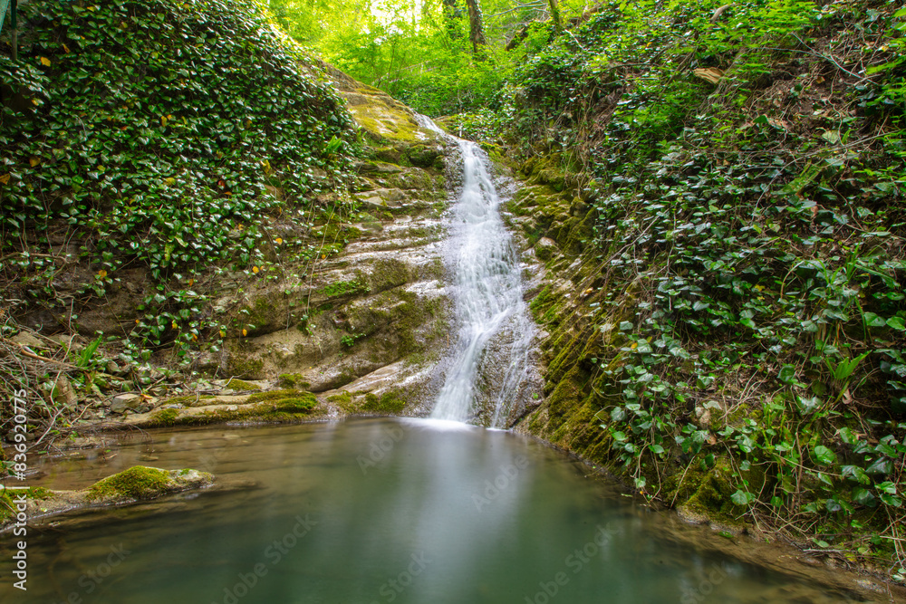 Waterfall on the river in nature in summer Waterfall on the river in nature in summer