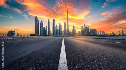 Empty asphalt road and city skyline with buildings at sunset.
