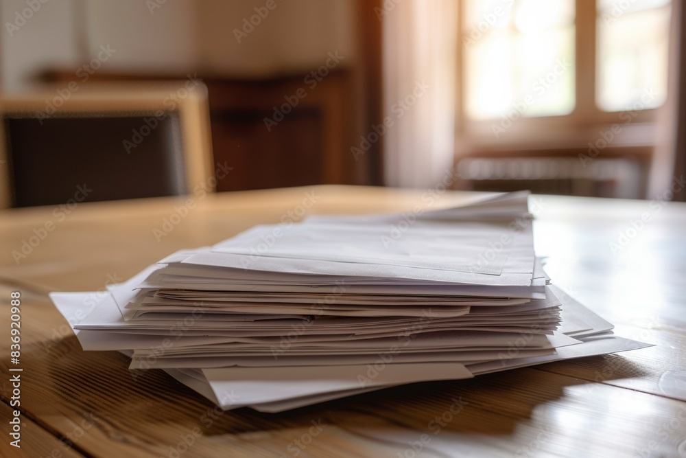 Stack of Papers on a Wooden Table in a Sunlit Room