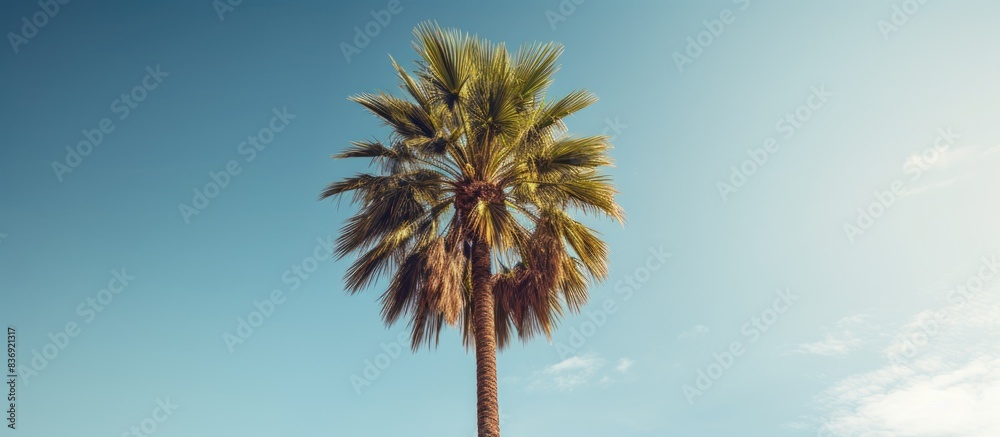 Obraz premium A majestic Royal Palm Tree captured from a unique perspective, showcasing its grandeur with a striking background and copy space image.