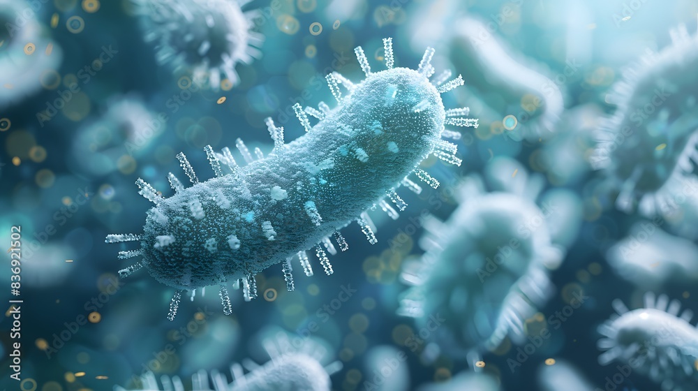 Closeup of bacteria in blue background, blurred focus on microscopic white illustration of high Studioshot with and concept about biotech industry, health care or medical research. Closeup of bacteria in blue background, blurred focus on microscopic white illustration of high Studioshot with and concept about biotech industry, health care or medical research.