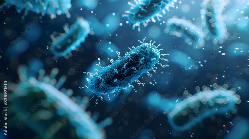 Closeup of bacteria in blue background, blurred focus on microscopic white illustration of high Studioshot with and concept about biotech industry, health care or medical research. Closeup of bacteria in blue background, blurred focus on microscopic white illustration of high Studioshot with and concept about biotech industry, health care or medical research.