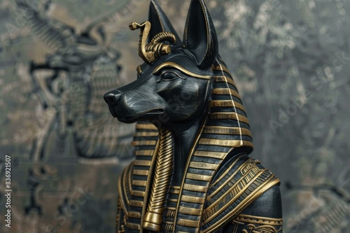 Detailed anubis sculpture, egyptian god with a canine head, against a textured hieroglyphic wall