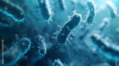 Closeup of bacteria in blue background, blurred focus on microscopic white illustration of high Studioshot with and concept about biotech industry, health care or medical research. photo