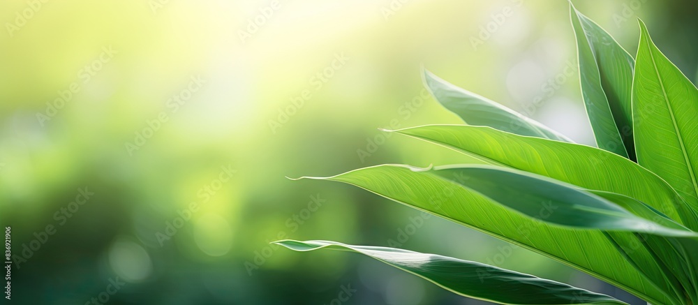 Fototapeta premium Scenic view of a green leaf against a blurred garden background with sunlight, perfect for a natural green plants landscape concept with copy space image.