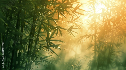 Serene image of bamboo stalks bathed in warm  golden light  evoking a sense of calm and tranquility. The soft sunlight filters through the dense foliage  creating a peaceful atmosphere