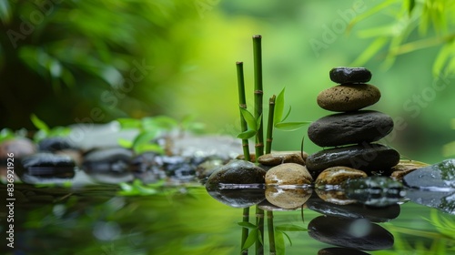 A serene zen garden scene with smooth black stones stacked in balance  surrounded by lush green bamboo and gentle water ripples. The image evokes tranquility and natural harmony