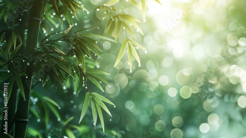 Serene image of bamboo stalks bathed in warm  golden light  evoking a sense of calm and tranquility. The soft sunlight filters through the dense foliage  creating a peaceful atmosphere