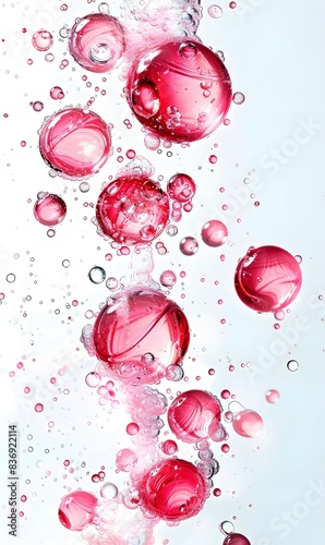 pink spheres of oil floating in the air, oil bubblesagainst a white background