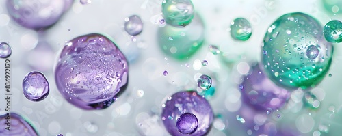 purple green spheres of oil floating in the air, oil bubblesagainst a white background