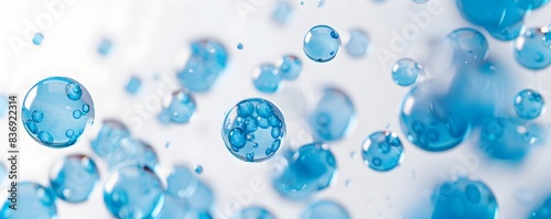 background blue  spheres of oil floating in the air  oil bubbles against a white background