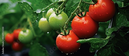 Close up image of red and green organic tomatoes on a lush green branch, highlighting self-cultivation, with copy space image available photo