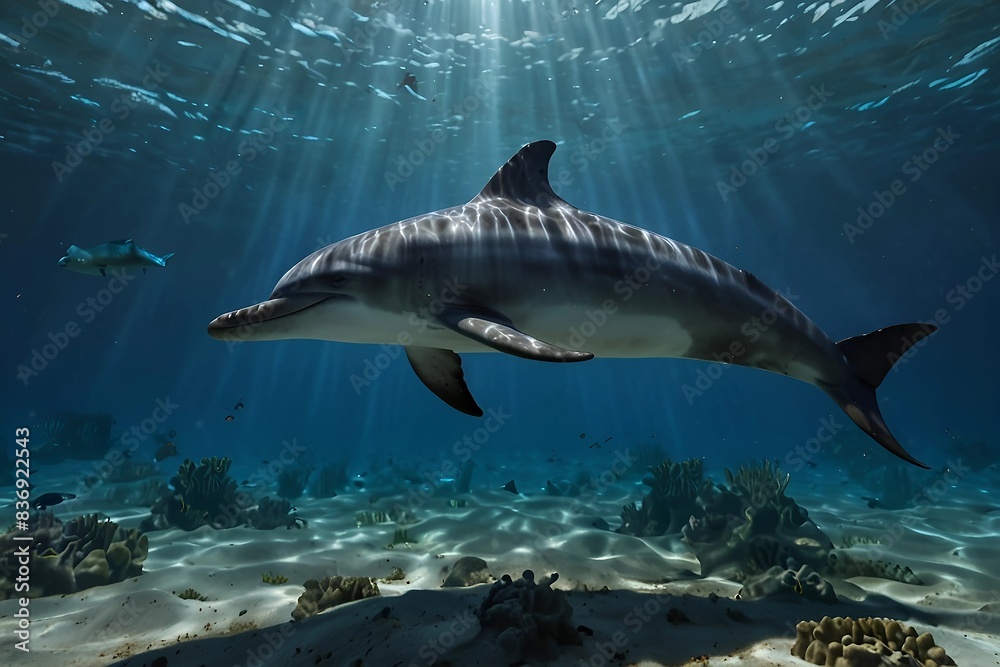 Naklejka premium Beautiful underwater scene with dolphin, wide panoramic banner with copy space or web site header. 8k