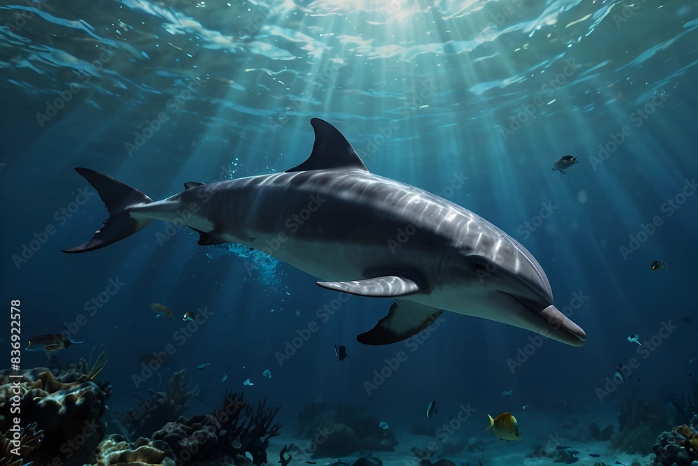Naklejka premium Beautiful underwater scene with dolphin, wide panoramic banner with copy space or web site header. 8k