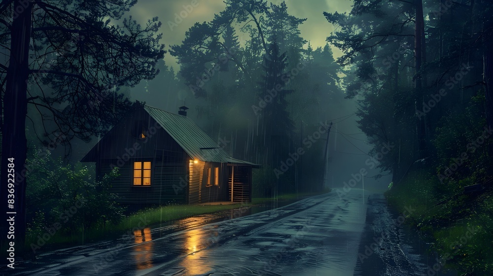 Wooden house in evening rain fog by a quiet road Wooden house in evening rain fog by a quiet road