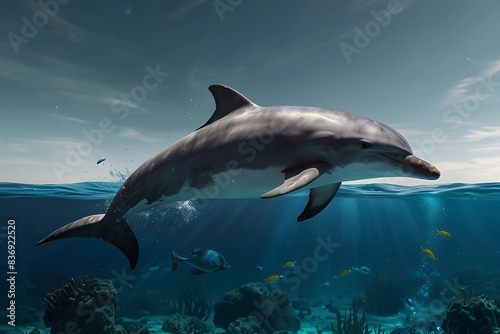 Beautiful underwater scene with dolphin  wide panoramic banner with copy space or web site header. 8k