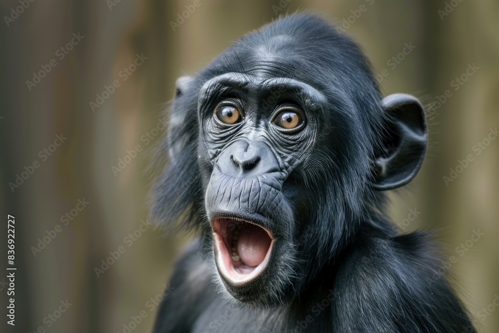 Incredible closeup portrait of a cute and curious baby bonobo with a surprised expression, showcasing the innocence and wonder of this endangered primate species in its natural african habitat