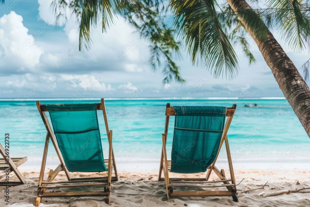 Lounge chairs arranged on a white sandy beach by the sea - comfort - summer - hospitality Lounge chairs arranged on a white sandy beach by the sea - comfort - summer - hospitality
