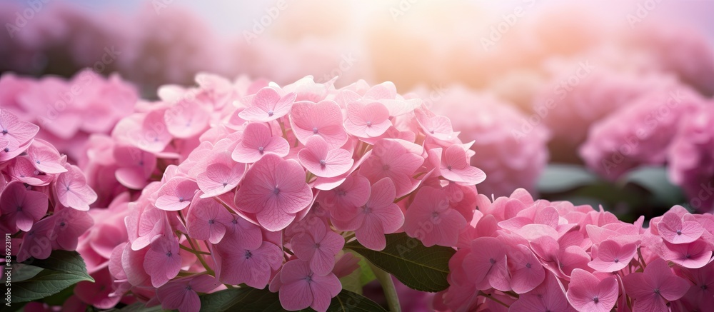 Obraz premium Pink hydrangeas in full bloom during spring with a visually pleasing aspect, presenting an option of a background copy space image.