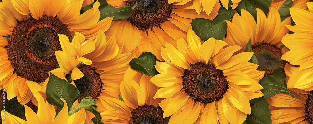 A vibrant collection of sunflowers with bright yellow petals and green leaves, showcasing the beauty and charm of these iconic summer blooms. A vibrant collection of sunflowers with bright yellow petals and green leaves, showcasing the beauty and charm of these iconic summer blooms.